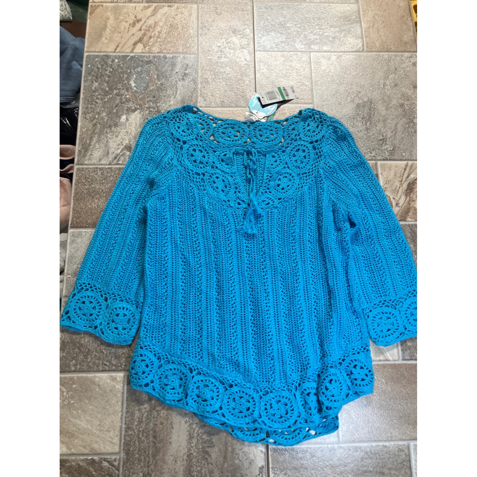 Inc International Concepts Beach Crochet Tunic Top Blue Lace Trim Size L